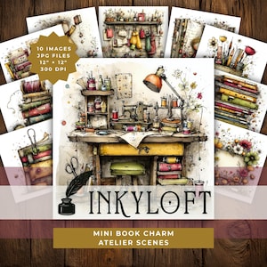 May include: A collection of 10 digital images featuring watercolor-style illustrations of sewing and craft studio scenes. The central image displays a wooden desk with a sewing machine, lamp, spools of thread, and books. Text includes INKYLOFT.