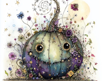 Boho Kürbis Clipart Set, 10 JPGs wunderlicher Halloween Illustrationen, Junk Journaling, Scrapbooking, Kartenherstellung, digitaler Download