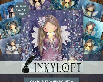 Candlelit Whimsy: Holiday Angel Girl Clipart - 10 High Res Watercolor JPGs, Junk Journaling, Scrapbooking, Card Making, Digital Download