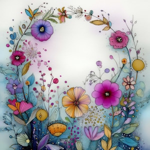 May include: Watercolor painting of a floral wreath. The wreath features a variety of colorful flowers in shades of pink, purple, yellow, and orange, with green and blue foliage. The background is a soft, light blue and white.