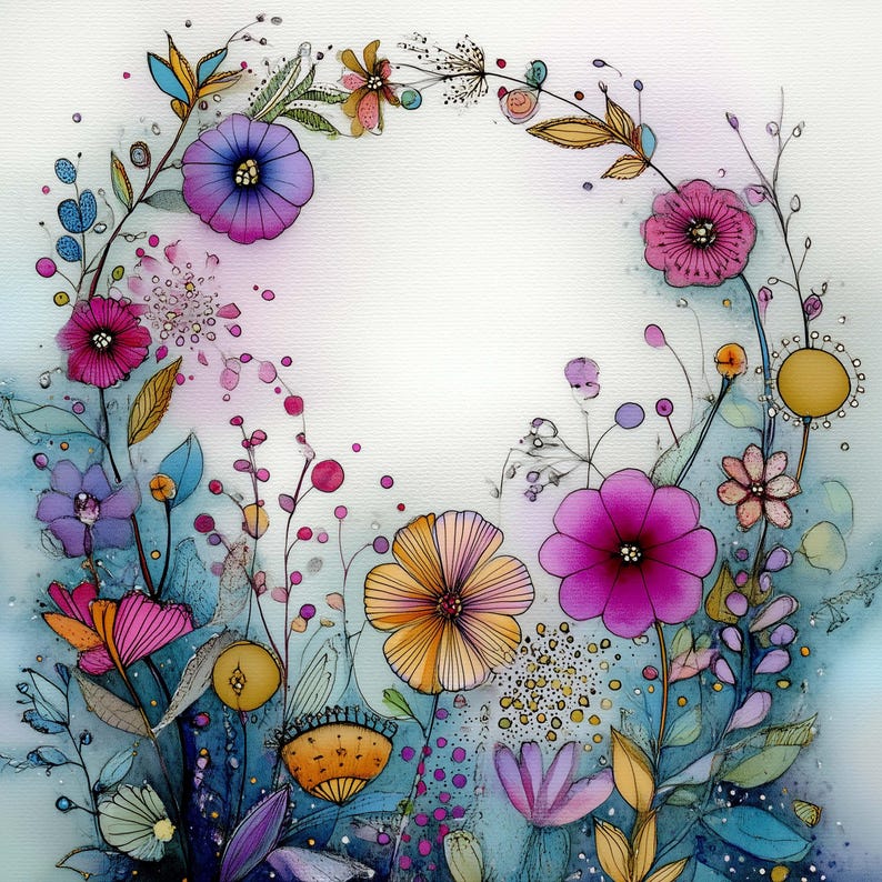 May include: Watercolor painting of a floral wreath. The wreath features a variety of colorful flowers in shades of pink, purple, yellow, and orange, with green and blue foliage. The background is a soft, light blue and white.