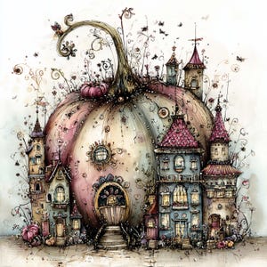K&ouml;nnte beinhalten: Aquarellillustration eines skurrilen K&uuml;rbis-Hauses mit mehreren T&uuml;rmen und Geb&auml;uden. Der K&uuml;rbis hat eine blassrosa und cremefarbene Farbe, mit einem gro&szlig;en Stiel und dekorativen Ranken. Die Geb&auml;ude haben rosa und blaue D&auml;cher mit kleinen Fenstern und T&uuml;ren.