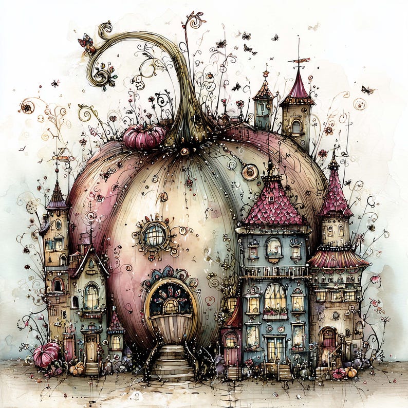 K&ouml;nnte beinhalten: Aquarellillustration eines skurrilen K&uuml;rbis-Hauses mit mehreren T&uuml;rmen und Geb&auml;uden. Der K&uuml;rbis hat eine blassrosa und cremefarbene Farbe, mit einem gro&szlig;en Stiel und dekorativen Ranken. Die Geb&auml;ude haben rosa und blaue D&auml;cher mit kleinen Fenstern und T&uuml;ren.