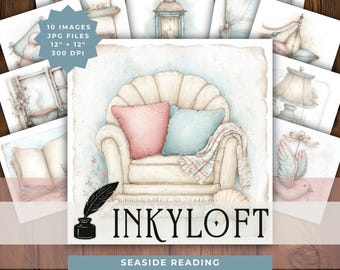 Coastal Reading Clipart Set, Seaside Cottage Books and Tea, Summer Neutral JPG Graphics