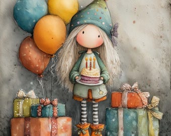 Può includere: Illustrazione ad acquerello di una bambola che tiene in mano una torta di compleanno con candele accese. La bambola indossa un vestito verde e un cappello da festa, con lunghi capelli bianchi. Palloncini colorati e regali incartati completano la scena festosa.