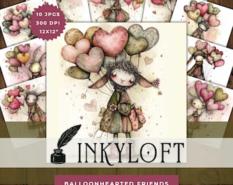 Balloonhearted Friends Clipart Set - 10 High Res Watercolor JPGs, Whimsical Valentine Animals with Heart Balloons, Romantic Storybook Art