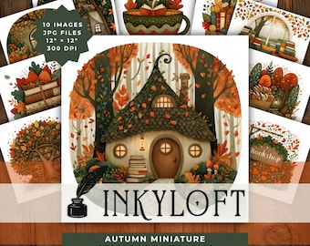 Autumn Miniature Library Clipart, Cozy Reading Nooks, Bookish Fall Ephemera