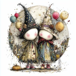 May include: Whimsical illustration of two figures in witch hats, standing before a full moon. They wear patterned dresses and hold balloons. A small pumpkin sits at their feet, with a backdrop of a town.