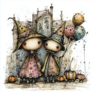 May include: Watercolor illustration of two whimsical figures dressed as witches, standing in front of a building. They wear tall hats and dresses in pastel colors. One holds balloons, and pumpkins are at their feet. The style is reminiscent of a children's book.