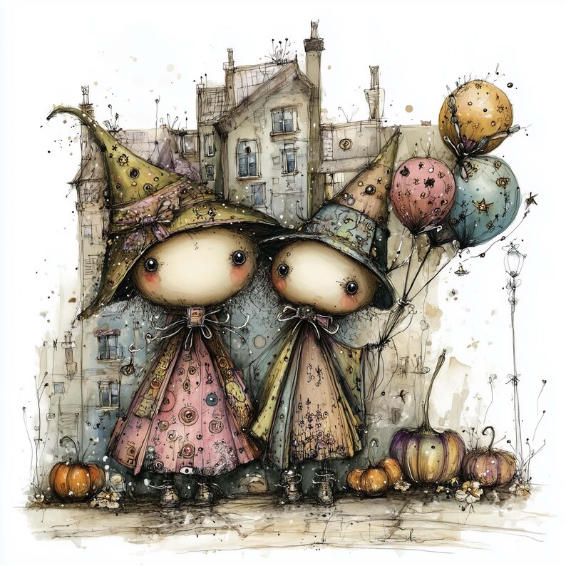 May include: Watercolor illustration of two whimsical figures dressed as witches, standing in front of a building. They wear tall hats and dresses in pastel colors. One holds balloons, and pumpkins are at their feet. The style is reminiscent of a children's book.
