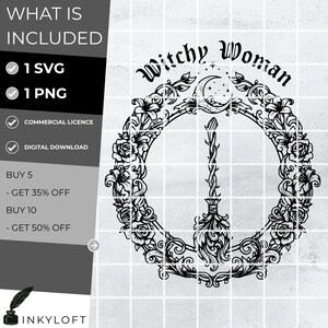 May include: Black and white digital design featuring the text "Witchy Woman" above a floral wreath with a crescent moon and stars. The design includes a central element resembling a stylized candle or staff. Includes SVG and PNG files.