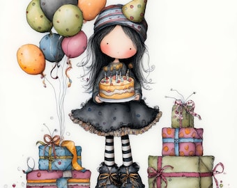 Può includere: Illustrazione di una ragazza che tiene in mano una torta di compleanno con candele, indossa un cappello da festa e un vestito nero. Palloncini di vari colori fluttuano a sinistra. Diversi regali confezionati sono impilati intorno alla ragazza, con fiocchi e nastri.