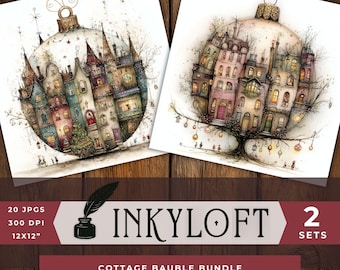 Cottage Bauble Bundle - 2 Whimsical Christmas Clipart Sets | Baubleshire Village & Frostbell Lane | Cozy Winter JPGs | Storybook Holiday Art