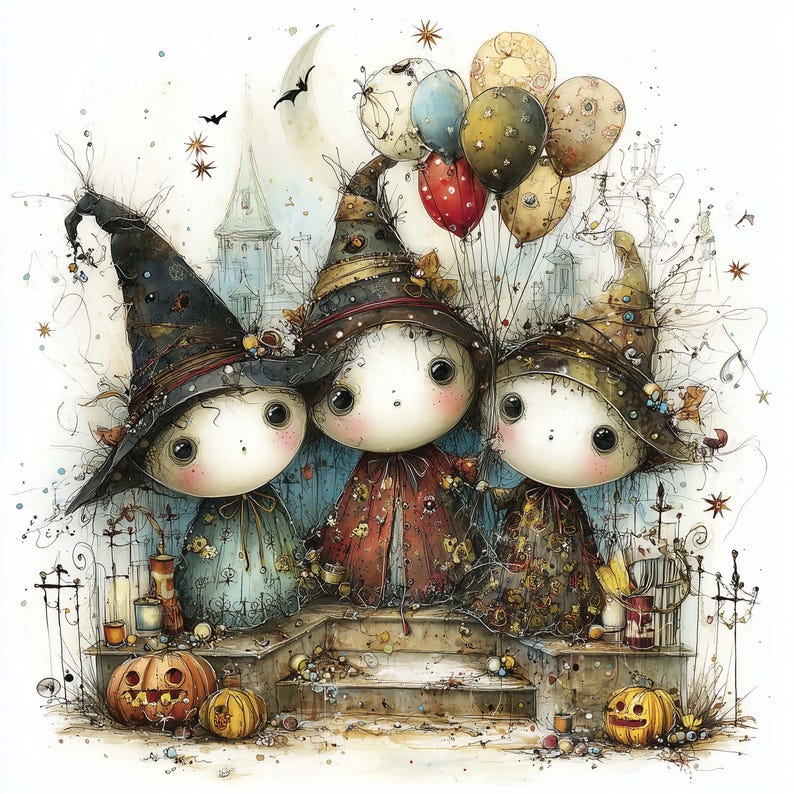 May include: Watercolor illustration of three whimsical figures in witch hats and dresses, holding balloons. The scene includes pumpkins, a castle, and a crescent moon, evoking a Halloween theme. The color palette features muted tones with pops of red and gold.