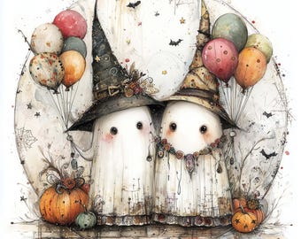 Cute Halloween Ghost Clipart Bundle – 10 JPGs with Ghosts, Balloons and Pumpkins – Spooky Pastel Printable Art for DIY and Crafts