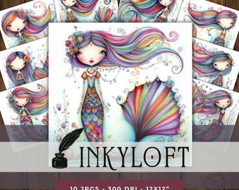 Rainbow Tide Maidens Clipart - 10 High Res Whimsical Mermaid Illustrations | Fantasy Ocean Art | Digital Scrapbook & Junk Journal Graphics