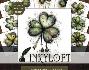 Gilded Clover Charms Clipart Set - 10 High Res Watercolor JPGs, Whimsical St. Patrick’s Day Shamrocks, Storybook Clover Illustrations
