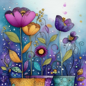 May include: Watercolor painting of colorful flowers in pots. The flowers are in shades of purple, yellow, and orange, with green leaves and stems. The background is a blend of blue and purple hues, with white dots.