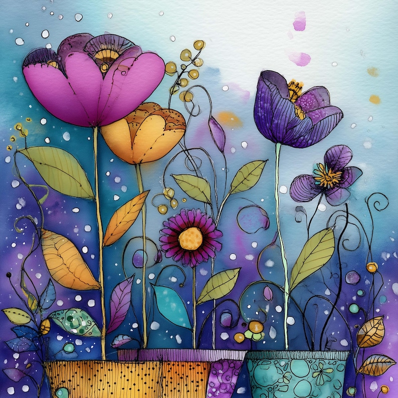 May include: Watercolor painting of colorful flowers in pots. The flowers are in shades of purple, yellow, and orange, with green leaves and stems. The background is a blend of blue and purple hues, with white dots.