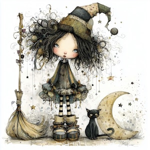 Whimsical Halloween Witch Clipart Set – 10 JPGs, Cute Spooky Art for Cards, Crafts, Stickers & Sublimation