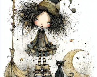 Whimsigoth Halloween Clip Art 10 hochauflösende JPGs in Aquarell, Junk Journaling, Scrapbooking, Kartenherstellung, digitaler Download, wunderliche Hexen