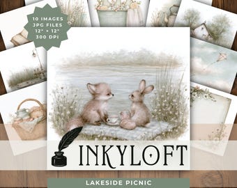 Lakeside Picnic Clipart Set, Storybook Animal JPGs for Journaling, Cards, Scrapbooking