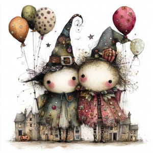 May include: Whimsical illustration of two figures dressed as witches, wearing pointed hats and holding balloons. They stand in front of a row of houses with a jack-o'-lantern. The color palette includes muted greens, reds, and oranges, evoking a Halloween theme.