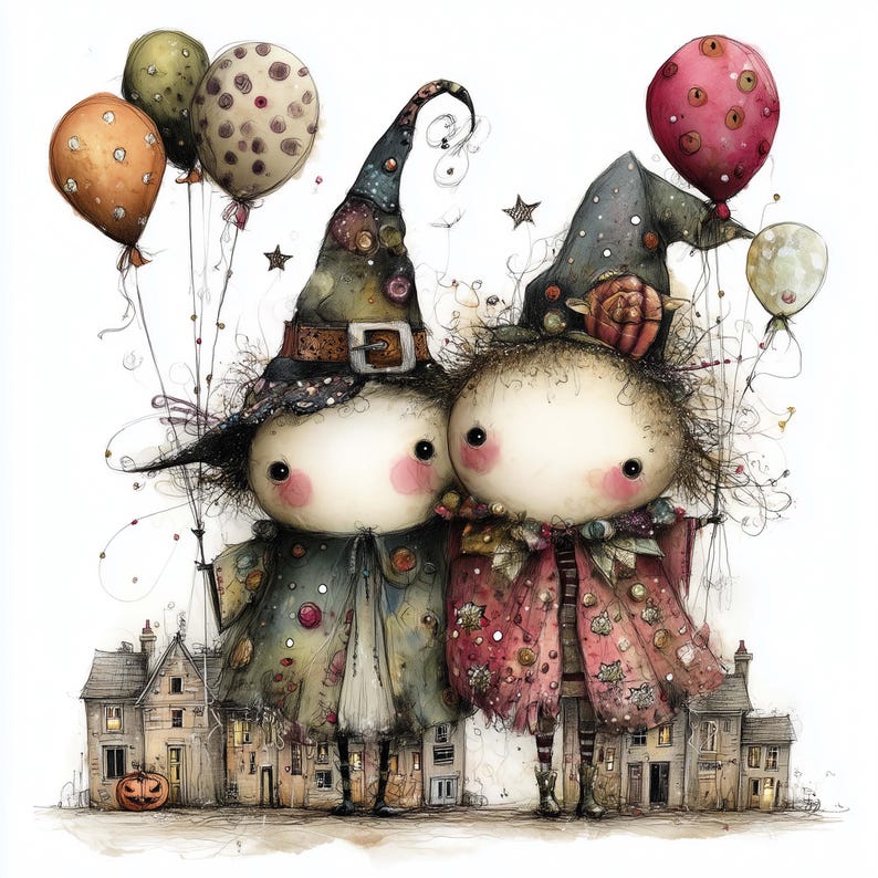 May include: Whimsical illustration of two figures dressed as witches, wearing pointed hats and holding balloons. They stand in front of a row of houses with a jack-o'-lantern. The color palette includes muted greens, reds, and oranges, evoking a Halloween theme.