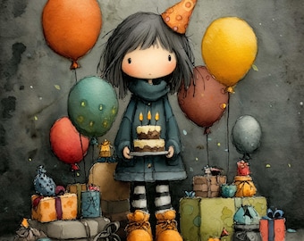 Può includere: Illustrazione di un personaggio dei cartoni animati che tiene in mano una torta di compleanno con candele accese. Il personaggio indossa un cappello da festa ed è circondato da palloncini e regali confezionati. La tavolozza dei colori comprende arancione, blu, giallo e marrone.