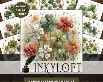 Harmonyleaf Shamrocks Clipart Set - 10 High Res Watercolor JPGs, Whimsical St. Patrick’s Day Clover Art, Watercolor Shamrocks Illustrations