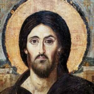 Puede incluir: Una pintura de Jesucristo sosteniendo un libro. Lleva una túnica oscura y tiene un halo alrededor de la cabeza. El fondo es de color marrón claro.