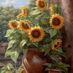 Zonnebloemen in kleipotten - kruissteekpatroon, pdf-formaat, bezorgd per e-mail, bloemen kruissteek, zonnebloemen kruissteek
