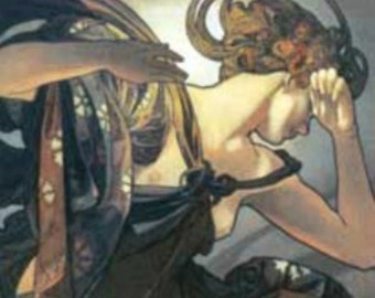 May include: A woman in a flowing black and gold dress with floral patterns, she is holding her head in her hand and looking down. The background is a soft brown.