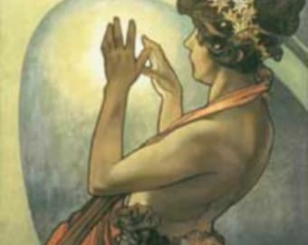 May include: A woman in a flowing, red and brown dress with a crown of flowers on her head, stands with her hands raised, looking up at a bright light. The background is a dark blue with a crescent moon and stars.