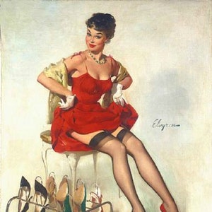 May include: A woman in a red dress and white gloves sits on a chair, surrounded by a collection of shoes. The shoes are arranged on a metal rack and include various colors and styles. The woman's legs are crossed, and she is wearing stockings and high heels. The background is a light beige wall with the artist's signature, "Elvgren", in the upper right corner.