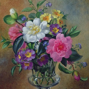Vergeet-mij-nietjes en primula's in een glazen vaas, kruissteekpatroon, pdf-formaat, Albert Williams, bloemen kruissteek