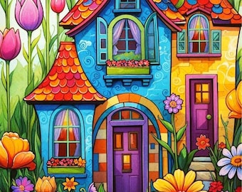 Op de afbeelding: Een fantasierijk, kleurrijk huis met een rood pannendak en een paarse deur, omringd door een weelderige tuin met levendige bloemen in tinten roze, geel, oranje en paars.