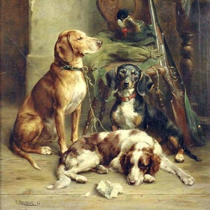 May include: A painting depicting three hunting dogs in a room with a wooden chair and a rifle. The dogs are a brown and white pointer, a black and tan dachshund, and a brown and white spaniel. The pointer is standing, the dachshund is sitting, and the spaniel is lying down.
