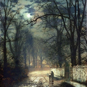 May include: A painting of a mother and child walking down a moonlit path in a forest. The path is lined with trees and the moon is shining brightly in the sky. The painting is done in a realistic style and the colors are muted and soft.