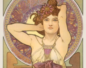 May include: A woman with long brown hair adorned with flowers sits in a chair surrounded by pink irises. The background features a circular design with intricate details. The woman wears a purple dress and a necklace with a pendant.