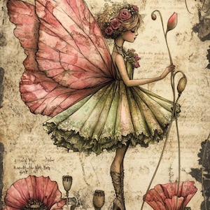Vintage Poppy Fairy - kruissteekpatroon, pdf-formaat, bezorgd per e-mail, feeën kruissteek, kruissteek feeën, bloemen kruissteek