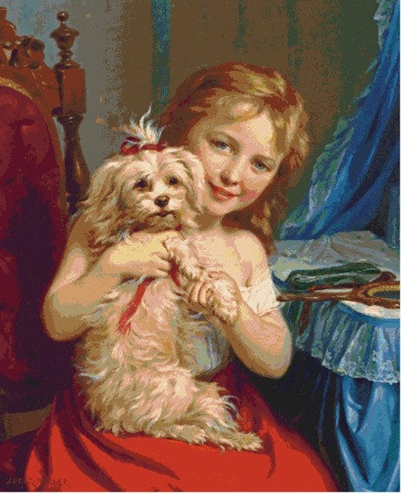 A Young Girl with a Bichon Frise Cross stitch pattern pdf format Delivered by email This is not a kit image 2