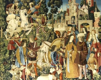 May include: A tapestry depicting a unicorn hunt. The unicorn is white and is being chased by a group of hunters on horseback. The hunters are wearing medieval clothing and are armed with spears and swords. The tapestry is set in a forest with a castle in the background.