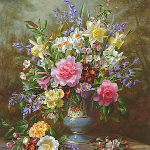 Bluebells, narcissen, sleutelbloemen en pioenrozen in een blauwe vaas - kruissteekpatroon, pdf-formaat, bezorgd per e-mail, Albert Williams