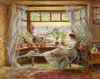 Reading By the Window - Cross stitch pattern, pdf format, Delivered by email, Charles James Lewis, Art cross stitch