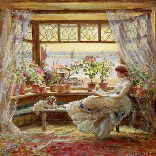 Reading By the Window - Cross stitch pattern, pdf format, Delivered by email, Charles James Lewis, Art cross stitch