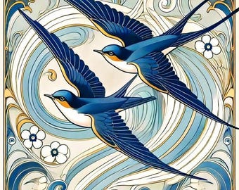 Art Nouveau Style Swallow - Cross stitch pattern, pdf format, Delivered by email, Birds cross stitch. Art Nouveu cross stitch