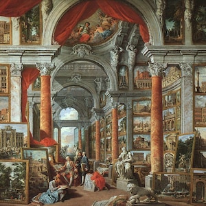 Può includere: Un dipinto che rappresenta una grande sala con numerosi dipinti incorniciati di scene architettoniche. La sala è decorata con colonne e archi, e i dipinti sono disposti in una griglia. Il dipinto è in stile classico, con un focus sulla prospettiva e sui dettagli.