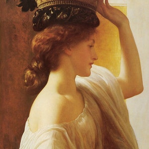 May include: A woman with long, auburn hair wears a woven basket filled with fruit on her head. She is wearing a white, off-the-shoulder dress and has her hand on the basket.