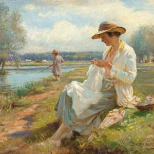 Sewing by the River - Cross stitch pattern, pdf format, Delivered by email, William Kay Blacklock, Art cross stitch, Cross stitch art